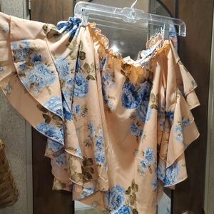 Peach and Blue Floral Ruffle Blouse